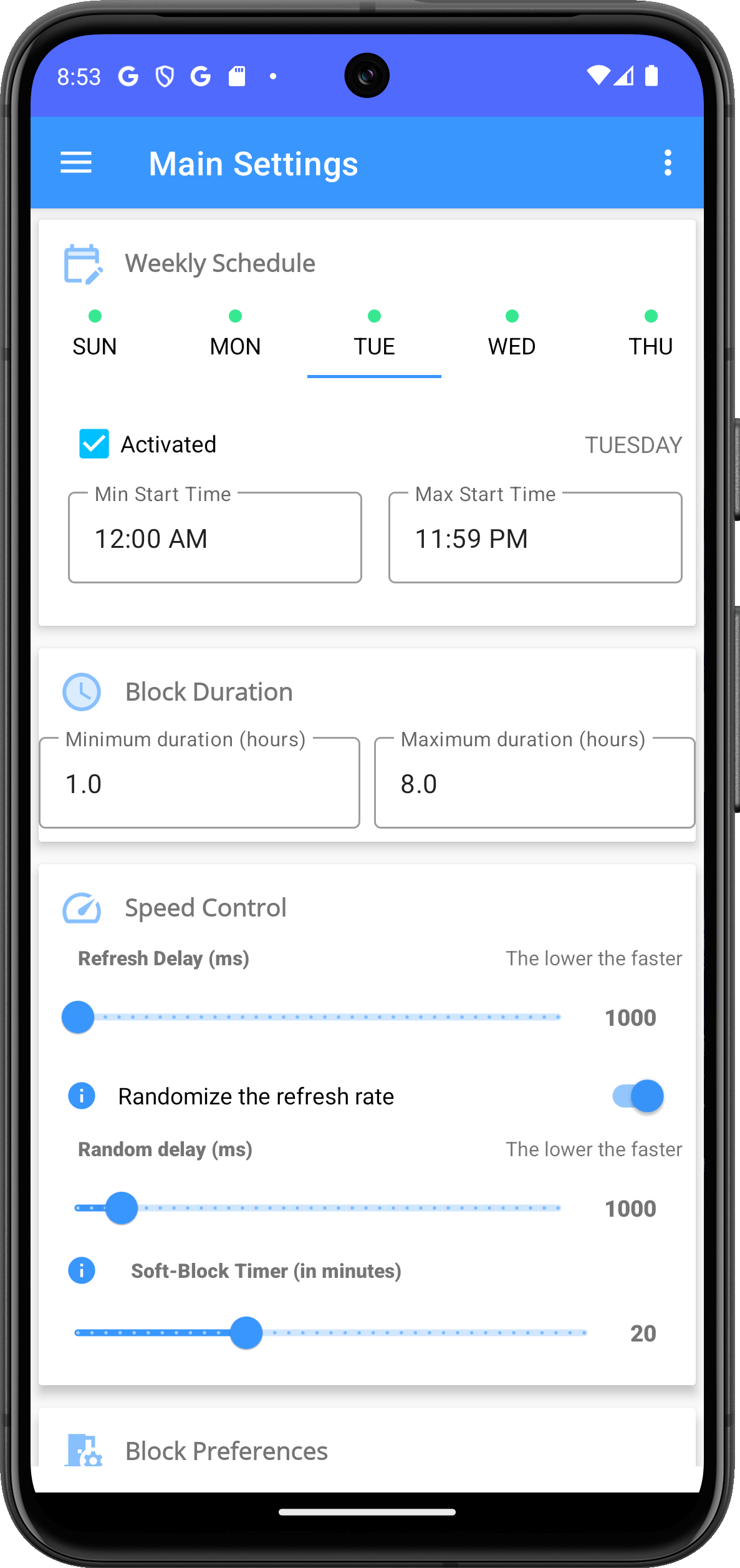 Flexer Main Settings screen: weekly schedule by day with min and max start time, block duration from 1 to 8 hours, and refresh delay sliders