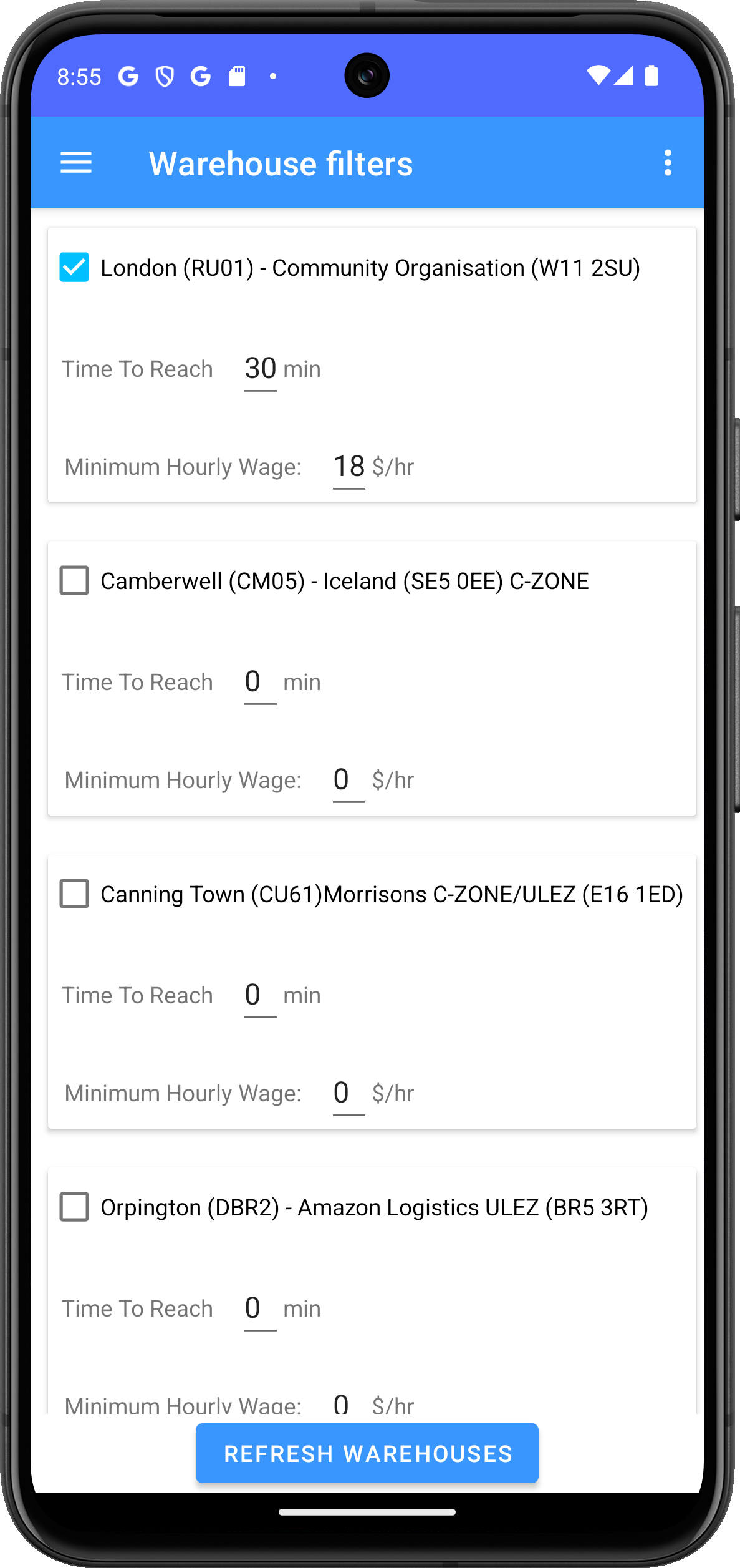 Flexer Warehouse filters screen: each station with its time to reach in minutes and a minimum hourly wage