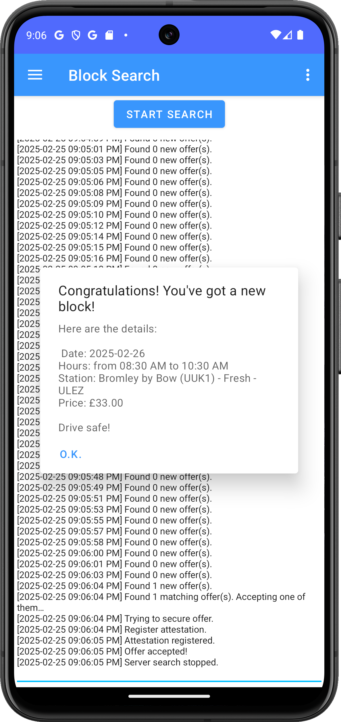 Flexer Block Search screen: the search log and a message saying "Congratulations! You've got a new block!" with the date, hours, station and price